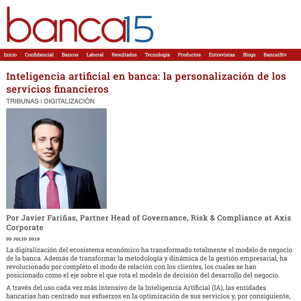 Banca15 publica un artículo de Javier Fariñas sobre AI en banca