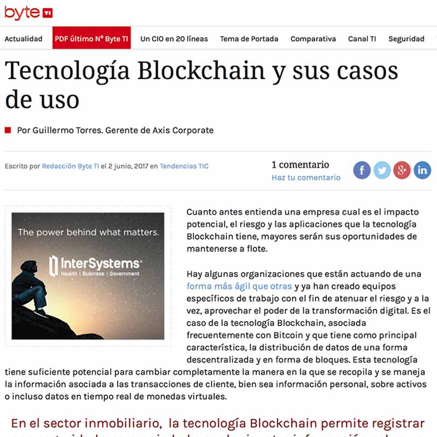 La revista Byte TI publica un artículo de Guillermo Torres sobre tecnología Blockchain